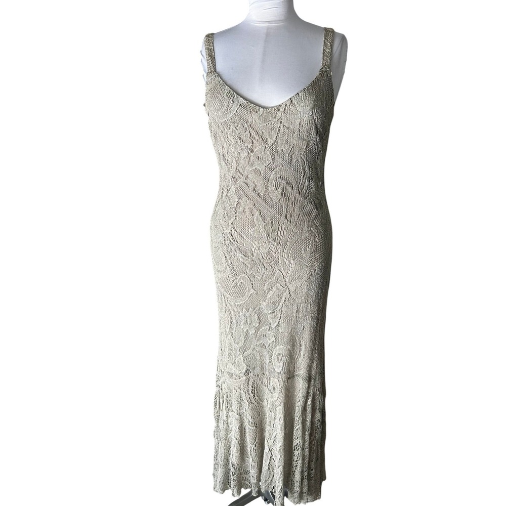 Spencer Alexis Lace Maxi Dress Medium Champagne Metallic Floral Overlay